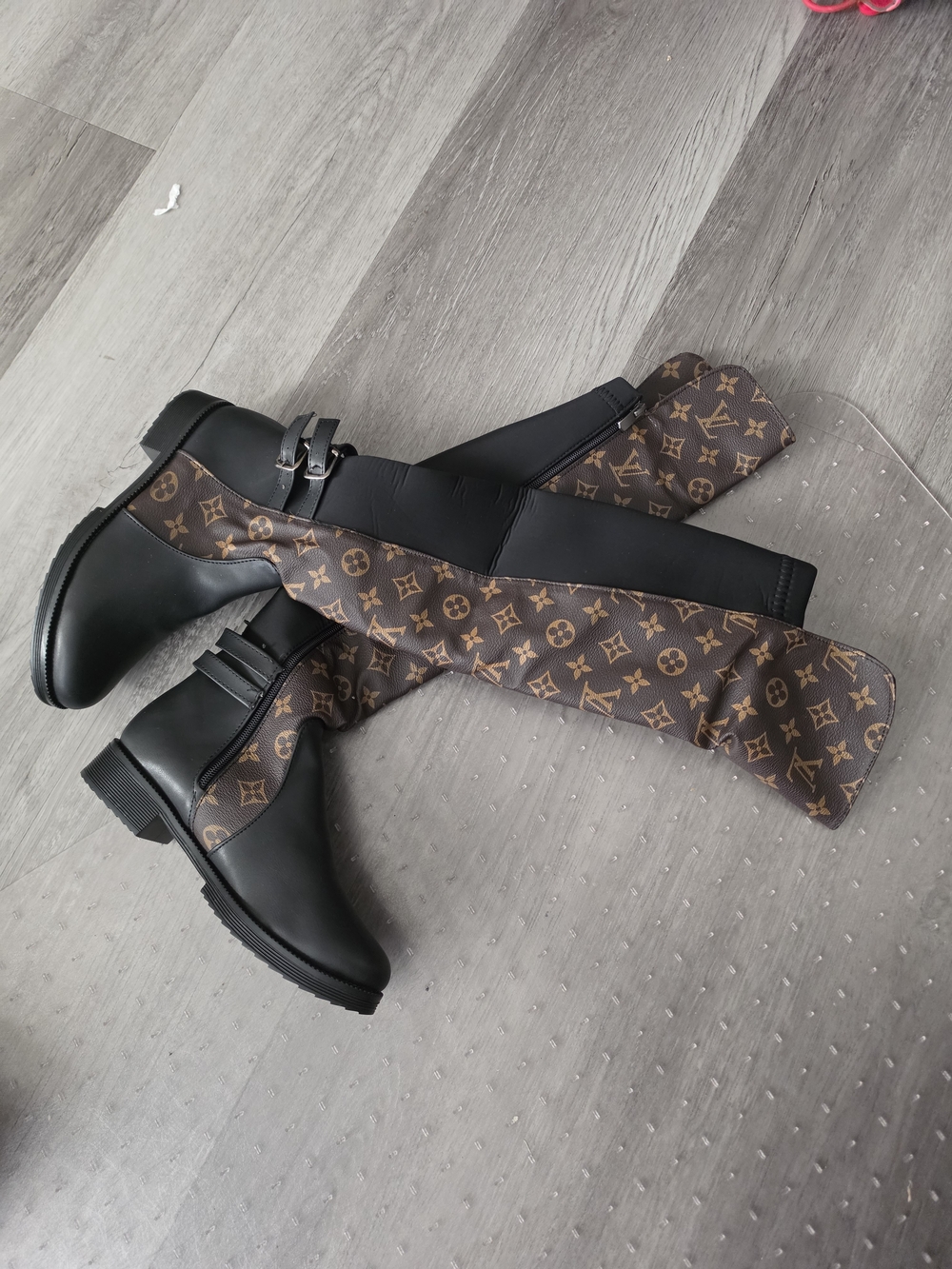 Brown Monogram Over-the-Knee Boots with Black Leather Accents